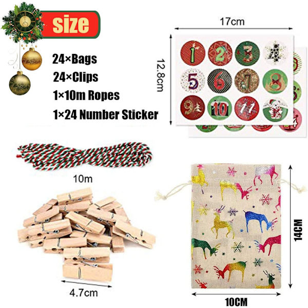 Advent Calendar Bags Christmas Calendars DIY Advent Bags with 24 Stickers,