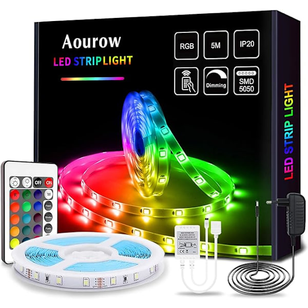 LED-ljusremsa/LED-remsa, 5 m färgförändring RGB LED-remsor ljusband inkl. fjärrkontroll och 12 V