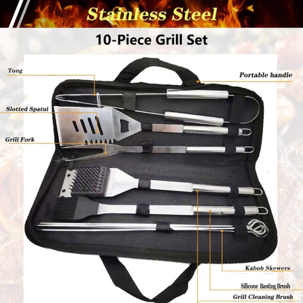 10 pcs grill tool set, stainless steel BBQ tool accessories
