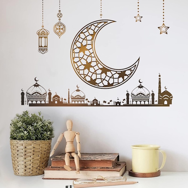 2 Pieces Ramadan Stickers Wall Decoration Eid Mubarak Wall Art Decoration Islamic Eid Decoration Moon