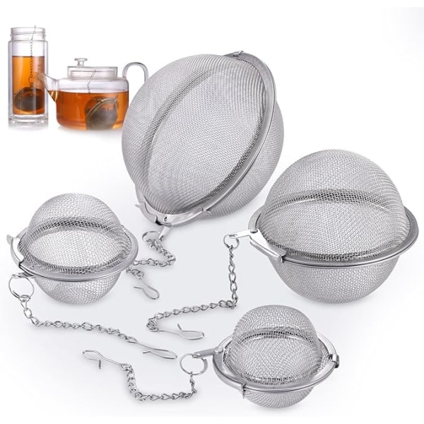 4 st tesil för löst te, rostfritt stål fint nät teboll infusion, tesil tefilter med kedjekrok för lösa blad