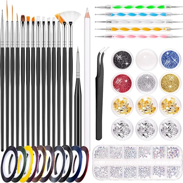 45 Pieces Nail Art Decoration Accessory Set, Nail Brush Rhinestone Glitter Gold Foil Nail Design