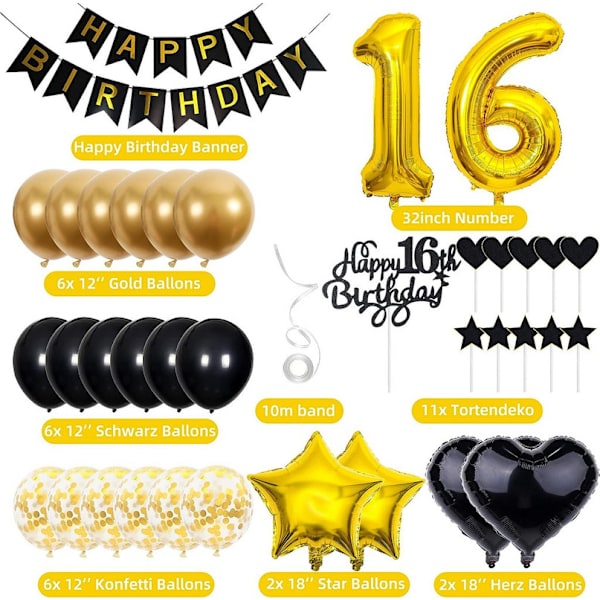 Födelsedagsdekoration, Black Cake Topper 16 Birthday Boy Girl, Cake Topper 16 Years Boy