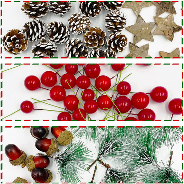 108 stycken julkranstillverkningsdekorationer Naturlig kotte Röda järnekbär