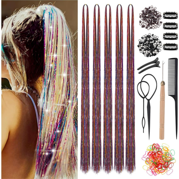 Hårförlängningsglitter med verktyg 1100 trådar holografisk glitter Hårförlängningar Glittrande glänsande hår