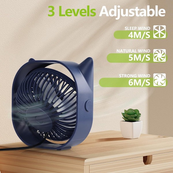 USB Table Fan, 360° Rotating Mini Fan, 3 Speeds Desk Fan with USB Cable 1.1M for Study,