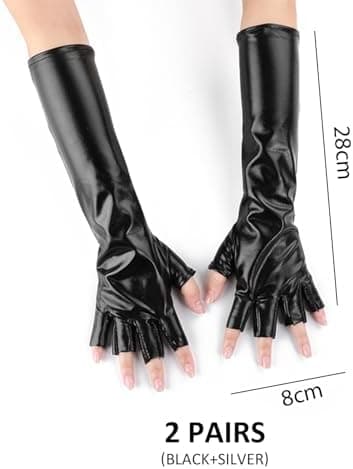 2 par lackerade läderhandskar, stretchhandskar, långa fingerlösa handskar, punk stil handskar,