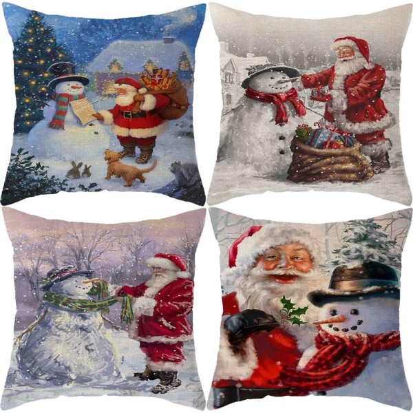 Christmas Pillow Case 40 X 40 Cm Set of 4 Christmas Decorations Snowman Santa