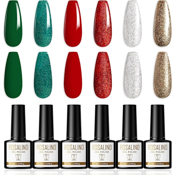 6 Färger Gellack Jultema Gellack Röd Grön Vit Guld Glitter 10ml