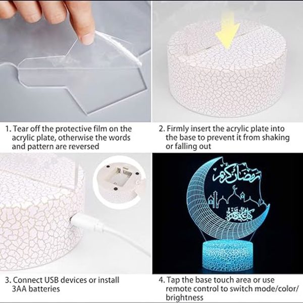 Ramadan LED-gör-det-själv-lampa, Mubarak Ramadan, LED-lampa, beröra månlampa med fjärrkontroll, 3D
