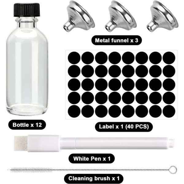 Miniglasflaskor med lock, 12 shotflaskor för att fylla 60 ml, små glasflaskor