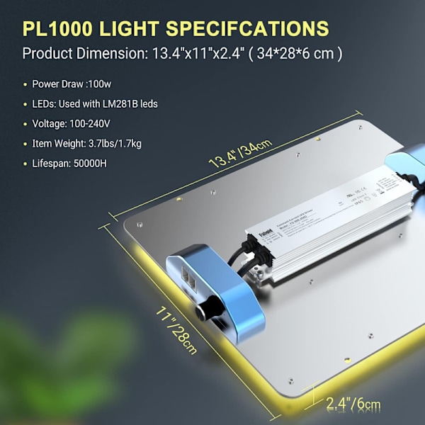 PL1000 Plant LED Grow Light med Samsung LM281B LEDs Dimbar Daisy Chain Full Spectrum Indoor Plant