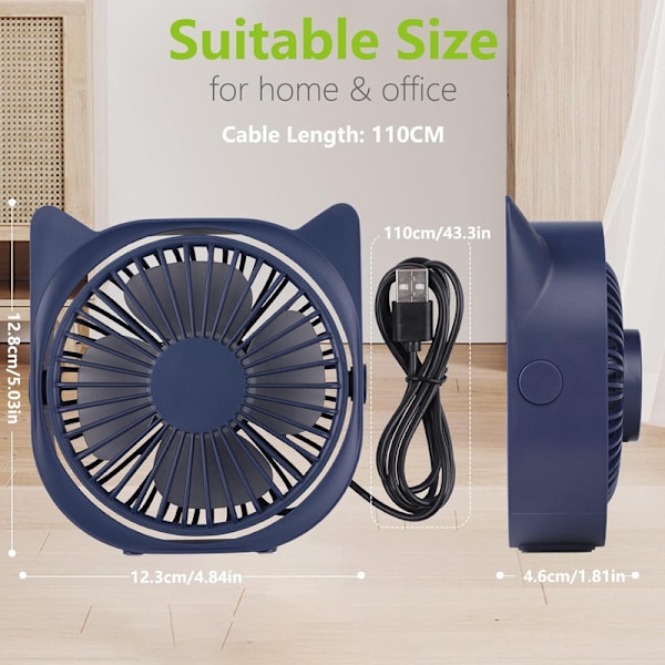 USB Table Fan, 360° Rotating Mini Fan, 3 Speeds Desk Fan with USB Cable 1.1M for Study,