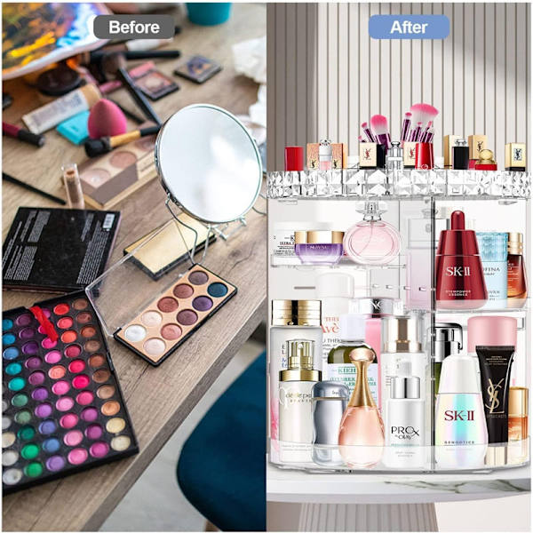 Makeup-arrangör, 360° roterbar sminkbord kosmetisk arrangör, parfymförvaring, hudvårdsskönhetsarrangör, sminklåda, tillbehör för byrå sovrum badrum, transparent