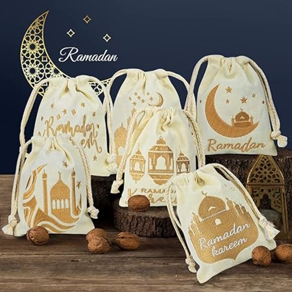 6 stycken Ramadan presentpåsar, Eid Mubarak presentpåsar av bomull, guld vackra