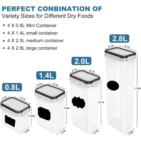 Förvaringsburkar Set om 16 (0,8L, 1,4L, 2,0L, 2,8L), Köksförvaringslådor,