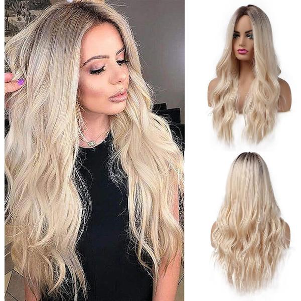 26 tum långa blonda peruker för kvinnor Naturligt syntetiskt hår Ombre Blond