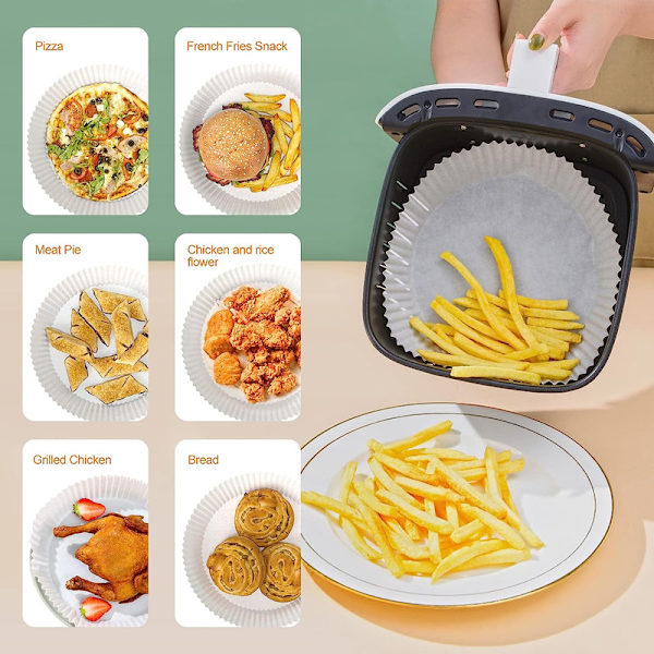 Paket med 100 Airfryer bakpapper, 20 x 16 x 4,5 cm runt oljebeständigt stekpapper