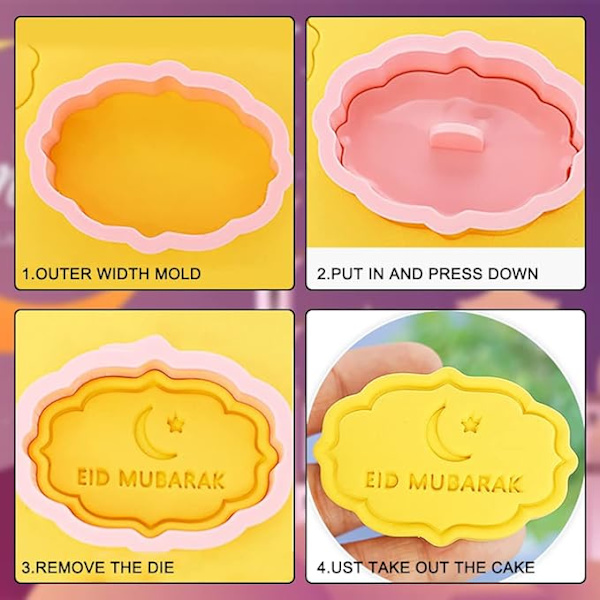 Eid Mubarak kakformset i 8 delar, Ramadan-kakformar med 3D-kolvstämpel, gör-det-själv-bakform i silikon