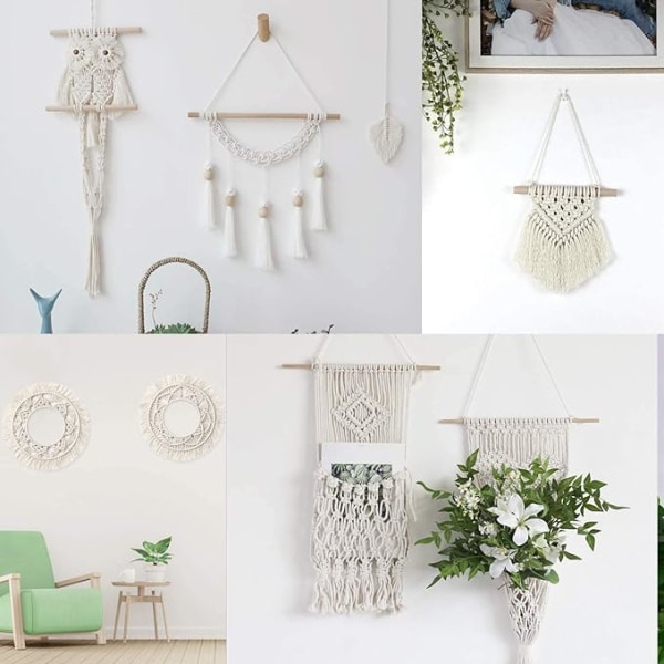 Naturligt macrame-rep 3 mm bomullsrep med träringar, pärlor och pinnar,