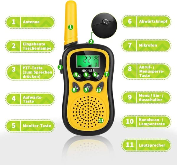 3 delar Walkie Talkie barnleksak, 4 km räckviddsradio, 8 kanaler,