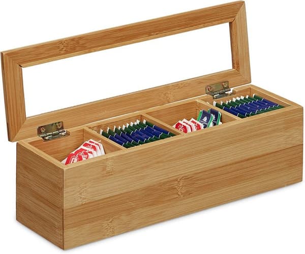 Bamboo Tea Box, 4 Compartments, Slim  Small, Elongated, Nature