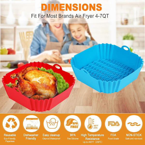 2 st fyrkantiga silikonformar för airfryer - 20 cm återanvändbara airfryerformar - 4 till 7 QT airfryertillbehör