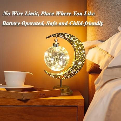 Ramadan Crescent Moon Star Table Lamp Battery Operated Retro Metal Cordless Eid Decoration Bedside