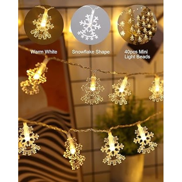 Snöflinga ljuskedjor, 6 m, 40 LED-batteridrivna ljuskedjor, snöflinga ljuskedjor