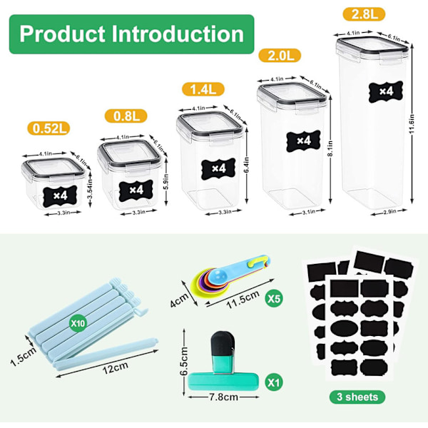 Förvaringsburkar med lock, förvaringsburkar set, set med 20, BPA-fri, med lock, förvaringsburk, förvaringsburkar för förvaring av müsli, mjöl (2,8 l 2 l 1,4 l 0,8 l 0,52 l)