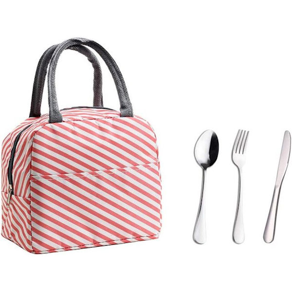 insulated Lunch Bag with 3 Pcs Stainless Steel Cutlery Storage Bag pink