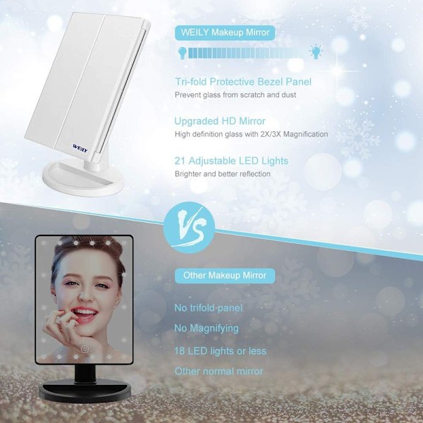 Sminkningsspegel, 1x/2x/3x, trestegs sminkningsspegel med 21 LED-lampor och justerbar pekskärm