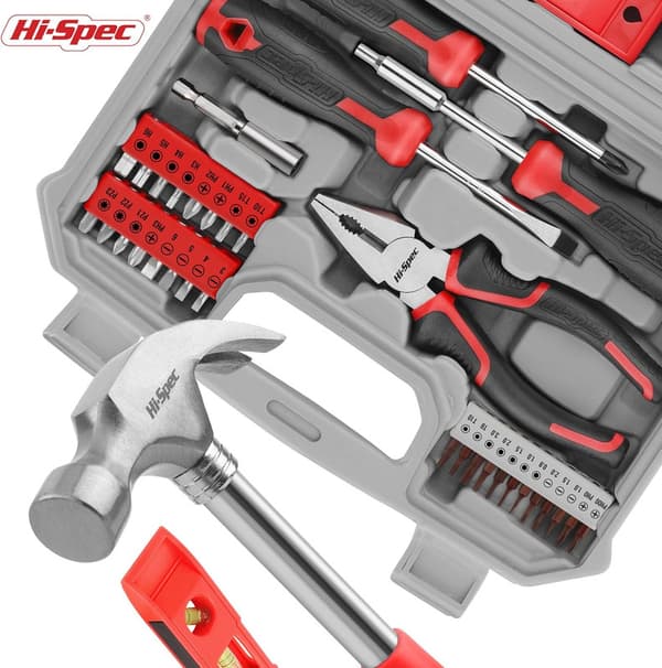 42 Piece Red Tool Box - Complete Tool Set with Hammer, Clamps, Screwdrivers