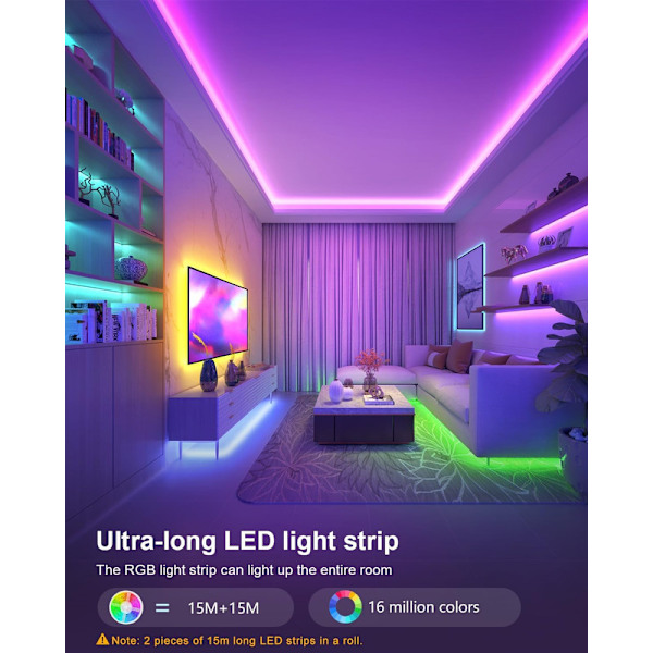 LED Remsa 30m, LED Sovrum, LED Remsa RGB Ljus, Bluetooth Applikationskontroll Synkroniserad