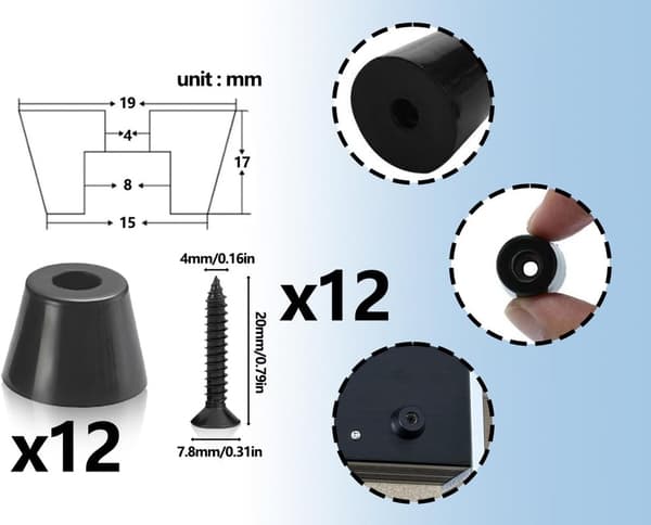 12 Pieces Black Rubber Feet for Cutting Boards with Stainless Screws, Rubber Buffer, Screw-proof Rubber