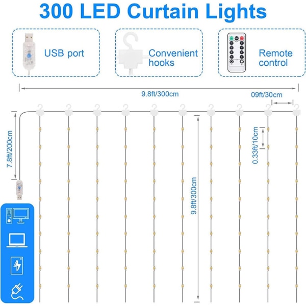 Ljusridå, 3m x 3m LED String Lights Gardin 8 lägen Gardin Lights String 300LED USB