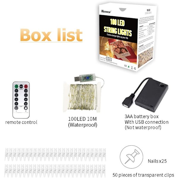 Photo Clip String Lights, USB eller batteridriven, 100 LED 10 meter koppartråd