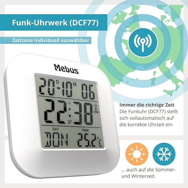 digital Funk-Wecker mit Thermometer, Datumsanzeige und Beleuchtung, Snooze-Funtion,