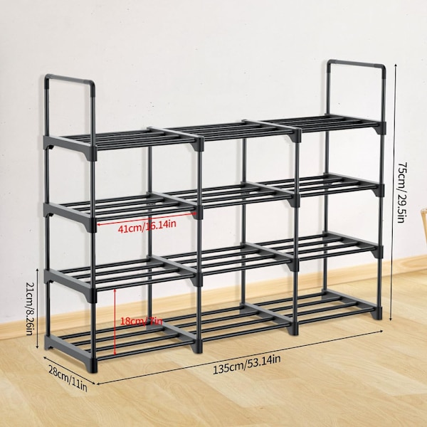 Skoställ i metall 3 rad 4 våning 135x28x75 cm Plats för 18-24 par gör-det-själv-hylla med 4 stödben