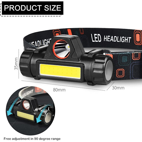 2 Pannlampa, uppladdningsbar LED-Headlamp COB with 5 Light Modes, Headlamp Fishing Running USB Rechargeabl
