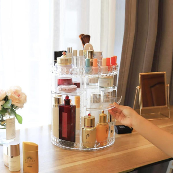 Makeup-arrangör, 360° roterbar sminkbord kosmetisk arrangör, parfymförvaring, hudvårdsskönhetsarrangör, sminklåda, tillbehör för byrå sovrum badrum, transparent
