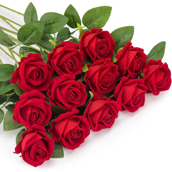 12 st konstgjorda rosor, falska flanellblommor Falska blommor Enkel lång stjälk som blommar med rosenknoppar,
