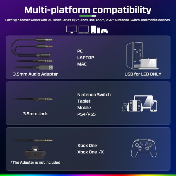 FC100 Spelheadset för PS4/PS5/PC/Xbox/Switch, Xbox-headset med RGB-belysning