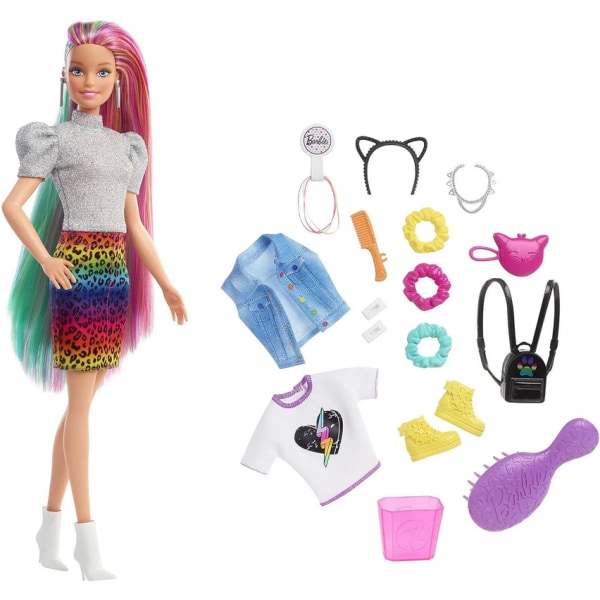 Barbie Leopard Rainbow Hair Doll (blond) Hårfunktion som byter färg, 16 hår- och modeaccessoarer