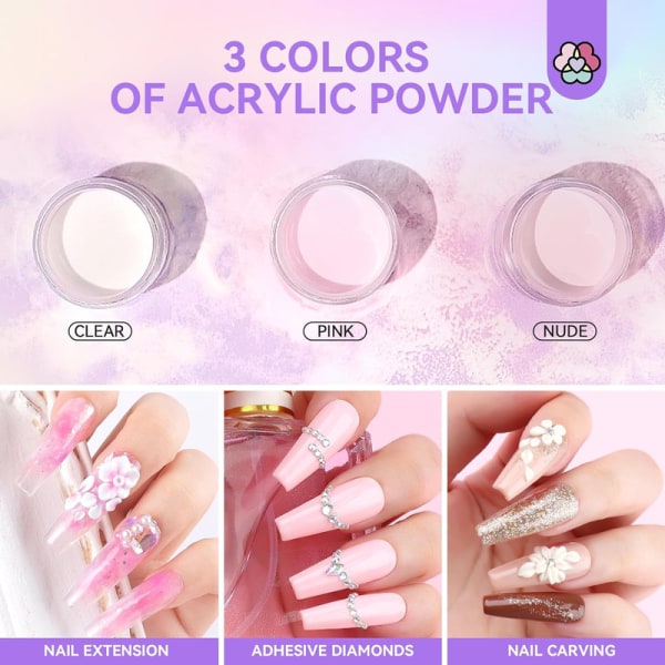 Acrylic Nail Kit - 3 Colors Acrylic Powder And Liquid Set With Acrylic Nail Brush Cuticle Oil