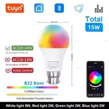 Bluetooth LED Bulb Dimmable  B22 Base Total 15W  E27 B22 220V RGBCW Color Change Lamps Smart Life APP Group Control Music Rhythm Timing