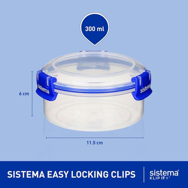 KLIP IT PLUS Runda Matförvaringsbehållare | 300ml Läckagesäkra, Stapelbara & Lufttäta 4-pack, Blå