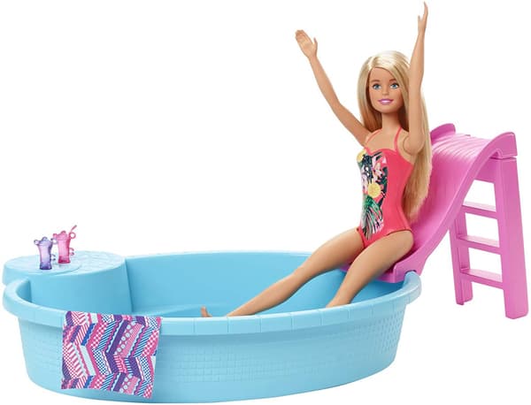 Barbiedocka, 29 cm, blond och poolleksak med glidtillbehör
