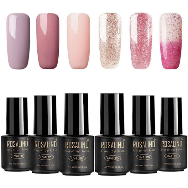 Gel Nagellack Rosa Set med 6 svarta flaskor 5ml