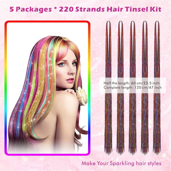Hårförlängningsglitter med verktyg 1100 trådar holografisk glitter Hårförlängningar Glittrande glänsande hår